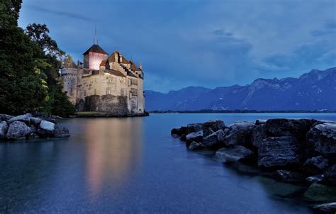 Wallpaper Water Night Lights Switzerland Chillon Castle Images For