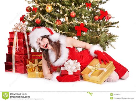 Christmas Girl In Santa Hat Holding Red T Box Stock Image Image Of Season Ball 35353425