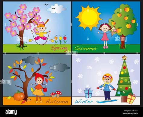 Illustration Of Four Seasons With Children Stock Photo 79558619 Alamy