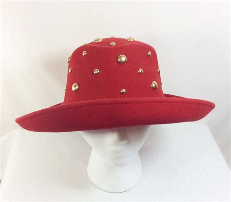 198090s Red Wool Felt Wide Brim Hat With Gold Studs