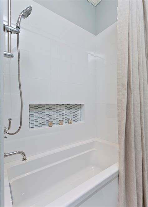 White Shower Design With Built In Tub And Rectangular Shower Niche