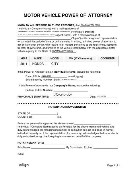 Motor Vehicle Power Of Attorney Form Page 1 Of 1 Motor Vehicle Power