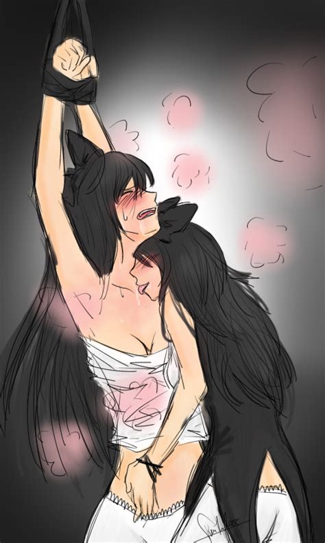 skire blake belladonna rwby 2girls armpits arms up bare shoulders bdsm black hair blush