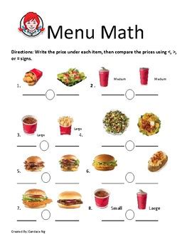 Just plain common sense printable math worksheets for practice, your print and practice. Wendy's Menu Math by Lifeskills Connections With Mrs NG | TpT