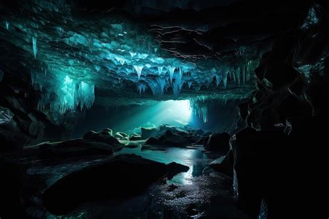 Premium Ai Image Frozen Cavern With Eerie Blue Glow Produced By