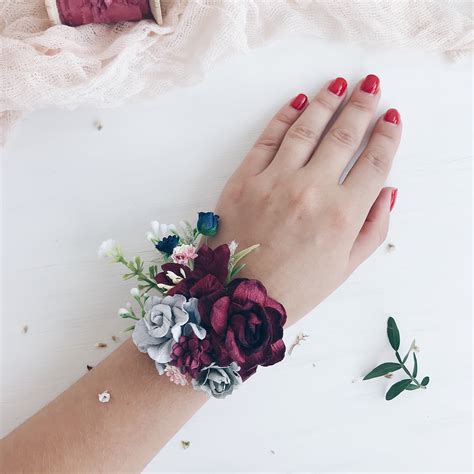 Flower wrist corsage Burgundy wrist corsage Navy Bridesmaids | Etsy | Wrist corsage prom, Wrist 