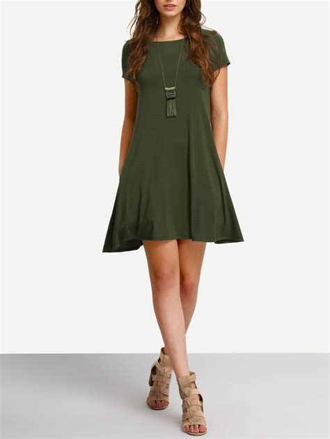 Shop Army Green Short Sleeve Casual Shift Dress Online Shein Offers
