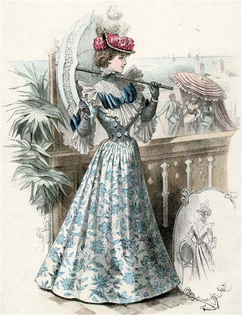 An Illustration Of A Woman In A Blue And White Dress