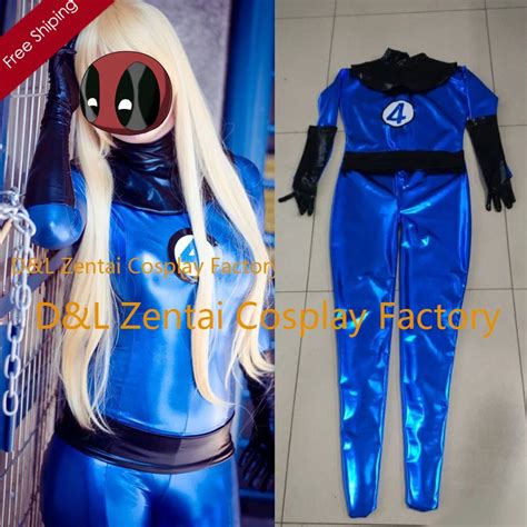Free Shipping Dhl Adult Blue Fantastic Four Shiny Metallic Superhero Zentai Catsuit Dress