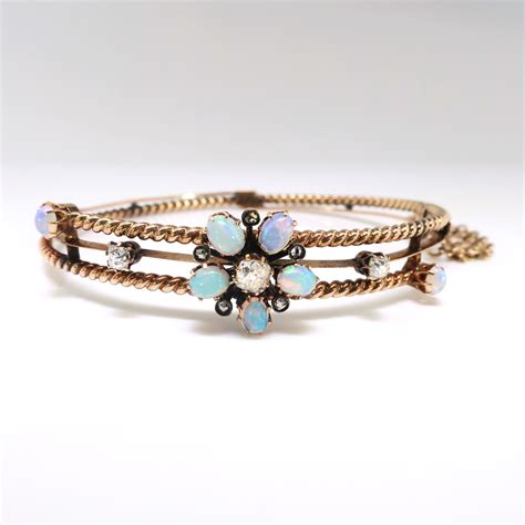 Antique Victorian Opal Diamond Bracelet 14k Rose Gold Rope Design