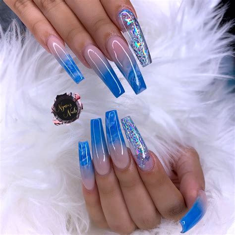 Blue Acrylic Nails Coffin Shape Nails Blue Ombre Pedi Pretty Nails Nail Designs Nail Art