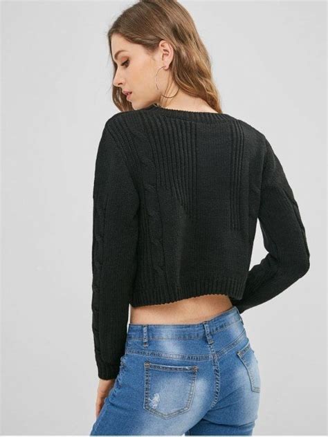 Cable Knit Crop Sweater Black One Size Sweaters Sweaters For Women Cropped Sweater
