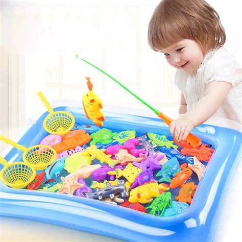 Magnetic Toy Inflatable Pool Game Fishes With Fishing Rod Net Toys For
