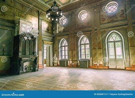 Empty Hall In Sharovsky Castle With Chandelier And Fireplace Stock