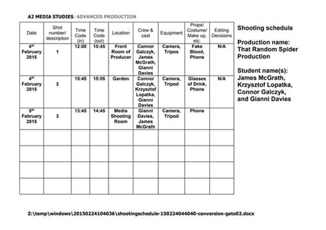 A2 Media Studies Advanced Production Shooting Schedule Ppt