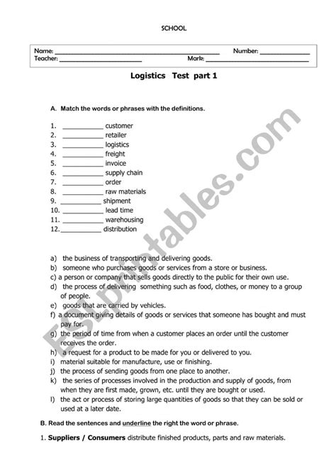 Logistics Test 1 Esl Worksheet By Susanaquintal