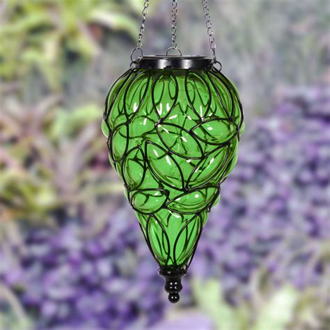 Exhart Tear Shaped Solar Green Glass Hanging Lantern With 12 Led Firefly String 93335131761 Ebay