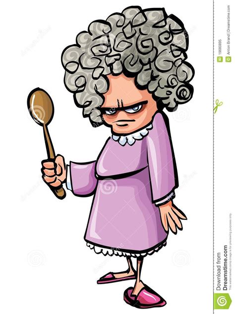Cartoon Angry Old Woman With A Wooden Spoon Stock Vector
