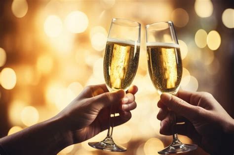 Premium Ai Image Two Hands With Glasses Of Champagne Wine Clink Against Blurred Golden Lights