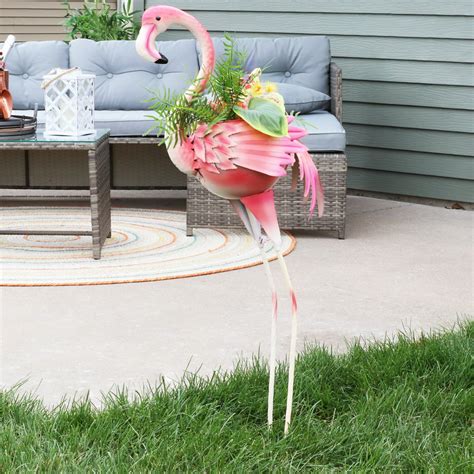 Sunnydaze Pink Flamingo Statue With Flowerpot Outdoor Metal Yard Art