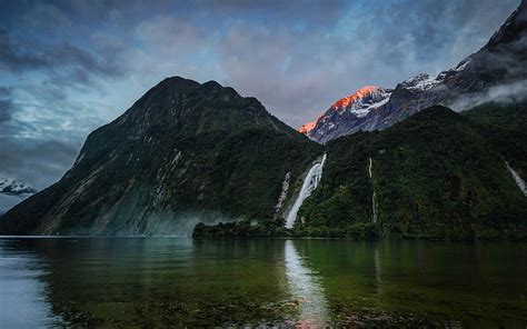 Waterfall New Zealand Landscape Wallpapers Green Mountain Range Hd