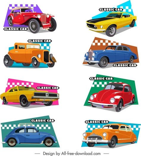Classic Cars Templates Collection Colorful 3d Flat Sketch Vector Car
