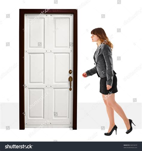 A Young Woman Walks Into Door On White Background Stock Photo 96818479