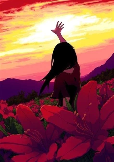 Anime Art Anime Girl Reaching Sunset Sky Mountains