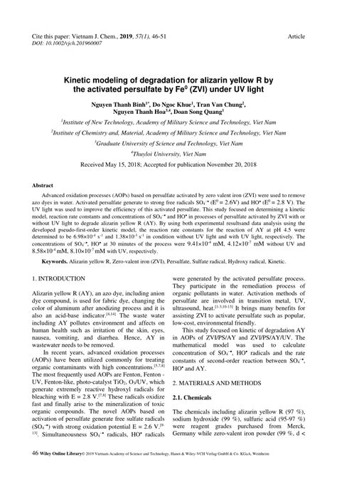 Pdf Kinetic Modeling Of Degradation For Alizarin Yellow R By The