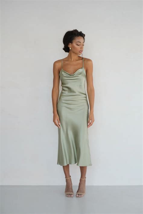 100 Silk Slip Dress Sage Green Dress Midi Bias Cut Cowl Neck Etsy