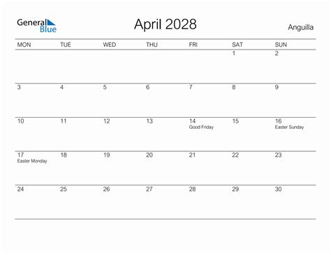 Printable April 2028 Monthly Calendar With Holidays For Anguilla
