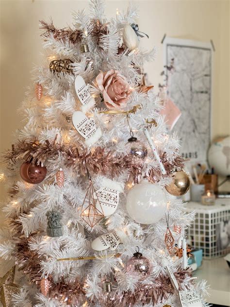 White Christmas Tree With Rose Gold And Pink Decorations Pink