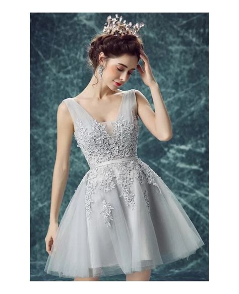 Grey Lace Short Tulle Prom Dresses A Line V Neck With Appliques Lace Tj100 119