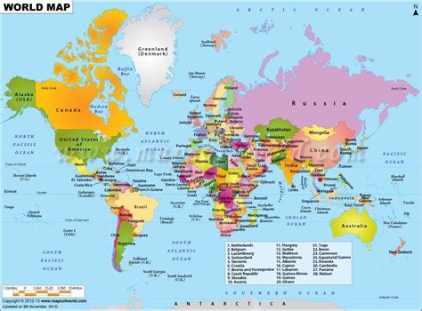 World Map Displaying Various Islands Oceans Continents Countries