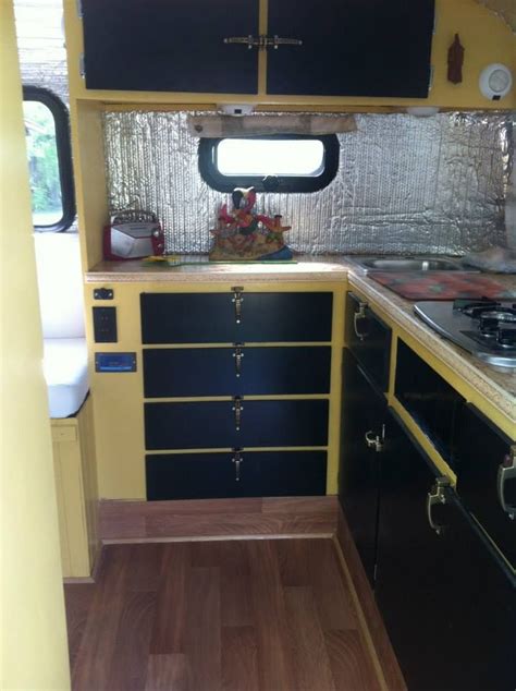 Black And Yellow Boler Front Kitchen Camper Makeover Vintage Travel