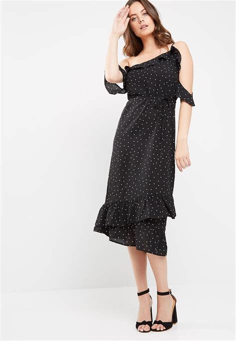 Chiffon Polka Dot Frill Detail Midi Dress Black Missguided Casual