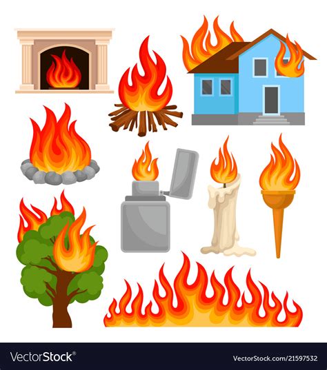 Flaming And Burning Objects Set Sources Of Fire Vector Image