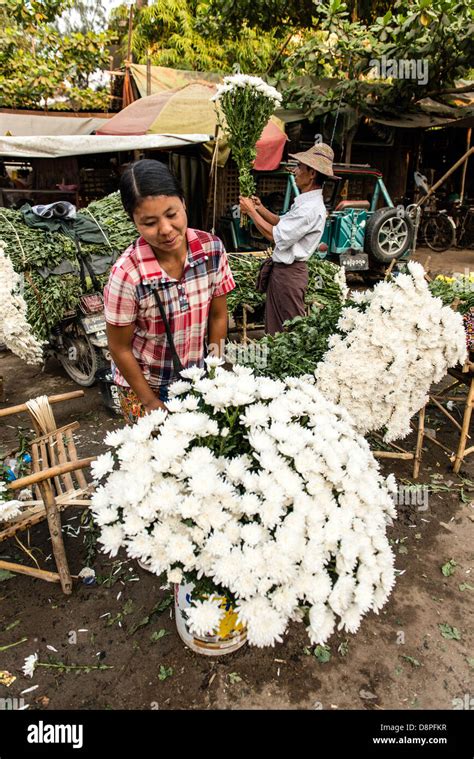 Burmese Street Sellers At Local Flower Market Mandalay Burma Myanmar