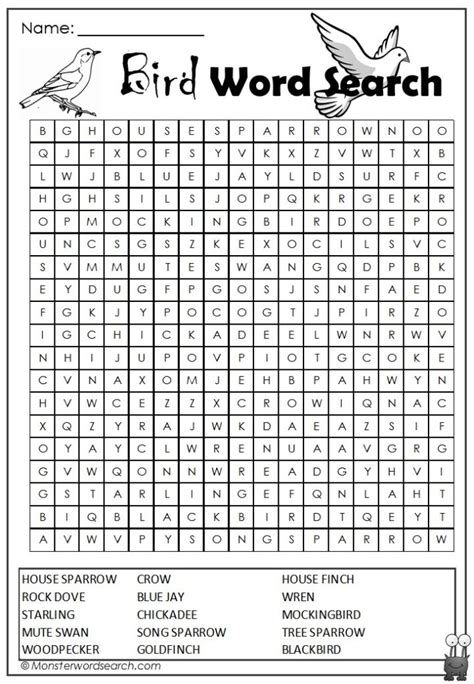 Bird Word Search Monster Word Search