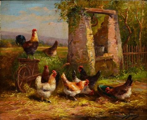 96 Framed Painting Chickens In Barnyard J Froment