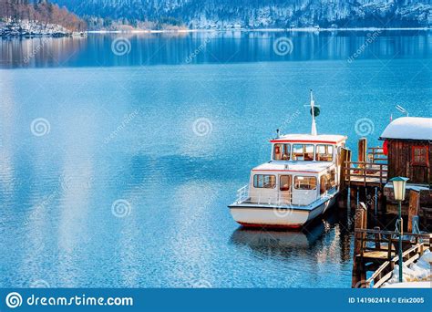 Touristic Ferry On Hallstatt Lake Near Salzburg In Austria Stock Photo