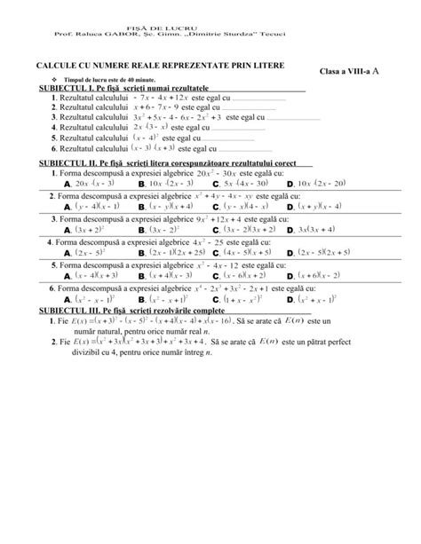 Academiaabc Fișă De Lucru Calcule Cu Numere Reale Reprezentate Prin