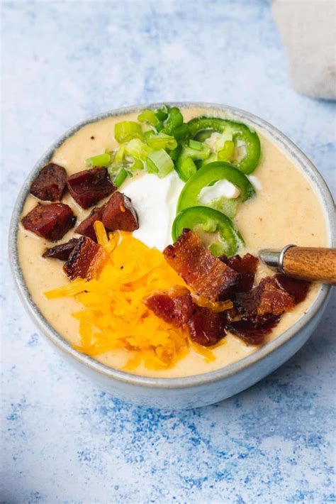 Loaded Baked Potato Soup Using Chicken Stock Cream Cheese And Sour