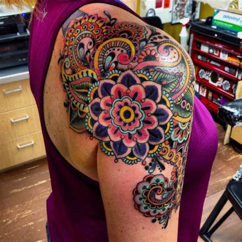 Colored Shoulder Tattoo Of Big Beautiful Flowers Tattooimages