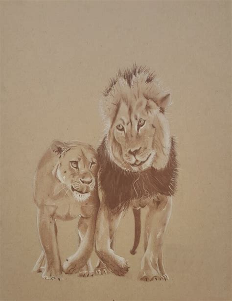 Lion Couple Print Charcoal Drawing