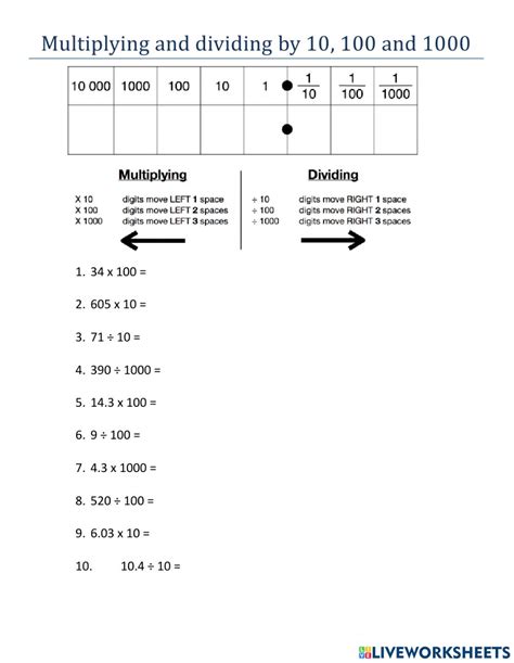 Multiplying And Dividing By 10 100 And 1000 Worksheet