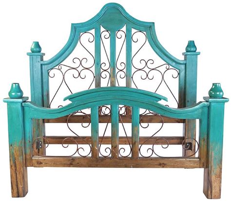 The thin bed posts and overall gentle look of the frame creates a very soft and fine style. Turquoise Two-Tone Mexican Painted Wood Bed with Wrought ...