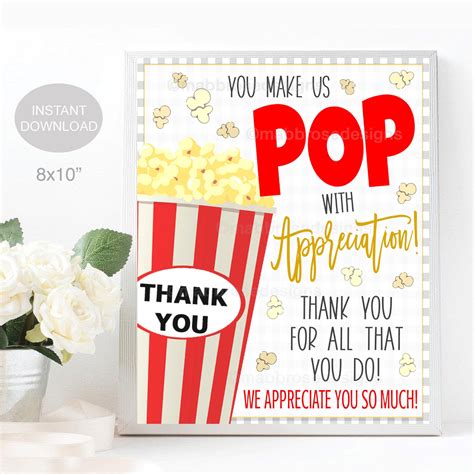 Popcorn Appreciation Sign Volunteer Teacher Staff Employee School Pto