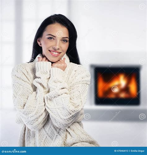 Woman Relaxing By The Fireplace Stock Image Image Of Large Fireplace