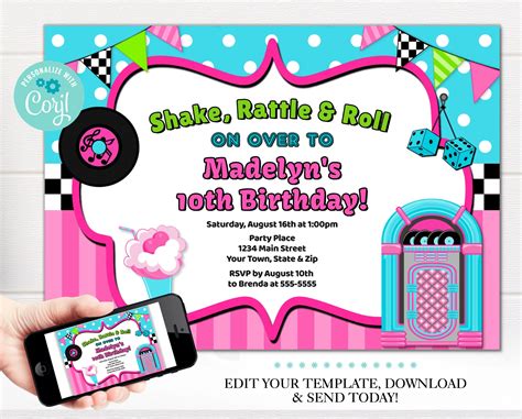 50s Birthday Invitation Template Digital File Sock Hop Party